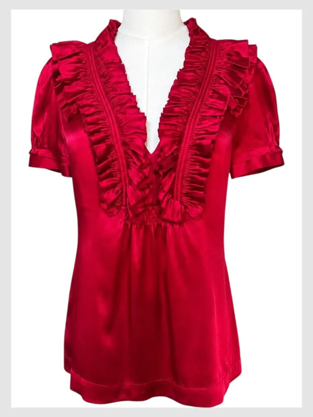 BCBG Max Azria Silk Ruffle V-Neck Blouse Red XS